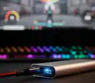 Up of a sleek USB hub connected to a gaming PC with colorful RGB lighting in the background.