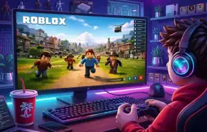 Player enjoying Roblox on PC with colorful game scene and gaming accessories.