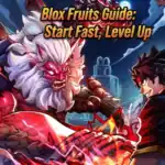 Epic battle scene from Blox Fruits showing a powerful lion-like creature and a young hero.