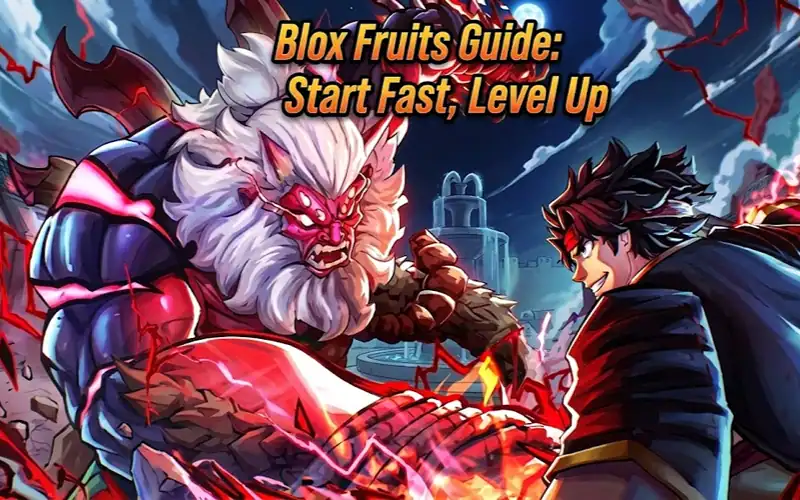 Epic battle scene from Blox Fruits showing a powerful lion-like creature and a young hero.