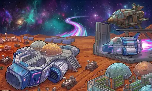 Futuristic space base with rockets, domes, and advanced technology on Mars. Explore space-themed gam.