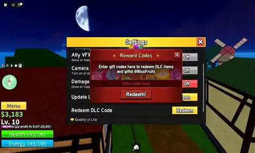 Blox Fruits code redemption screen showing the Settings menu and Redeem DLC Code button