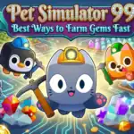 Pet Simulator 99 gem farming guide showing AFK setup with Fortune Flags and Diamond enchants