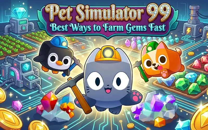 Pet Simulator 99 gem farming guide showing AFK setup with Fortune Flags and Diamond enchants