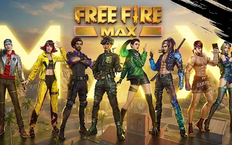 Group of diverse Free Fire MAX characters ready for battle in ranked mode.