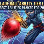 Illustration of Blade Ball abilities ranked for 2026, featuring a ninja with a fiery ball.