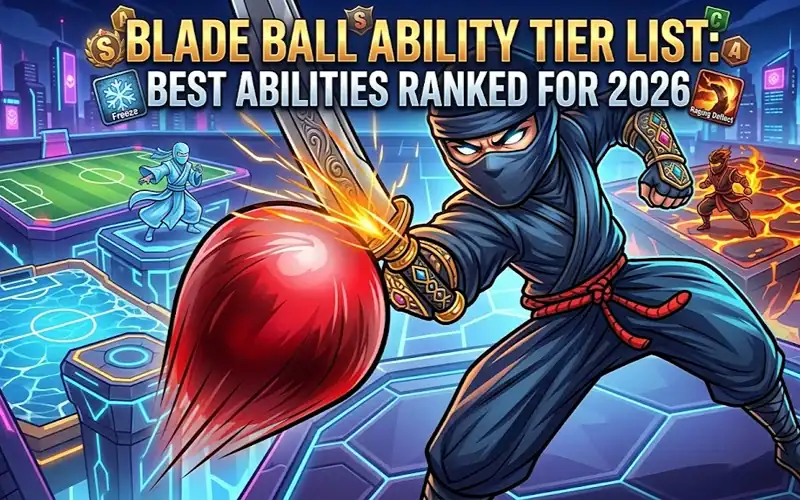 Illustration of Blade Ball abilities ranked for 2026, featuring a ninja with a fiery ball.