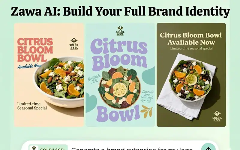 Zawa AI brand identity dashboard showing logo concepts and brand guidelines