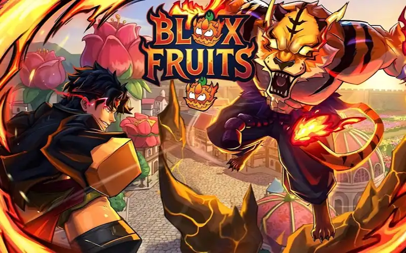 In-game Blox Fruits character battling a fierce tiger boss with fiery effects.