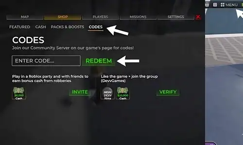 How to redeem codes in Roblox Wanted via the Shop menu