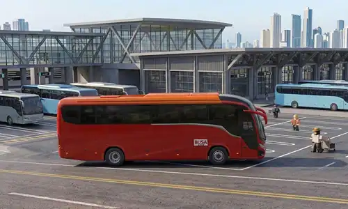 Bus Master Roblox gameplay showing a bus on a passenger route with the in-game UI