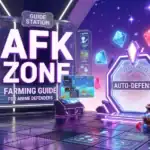 Gaming guide station for AFK zone with auto-defense features and anime-themed elements.