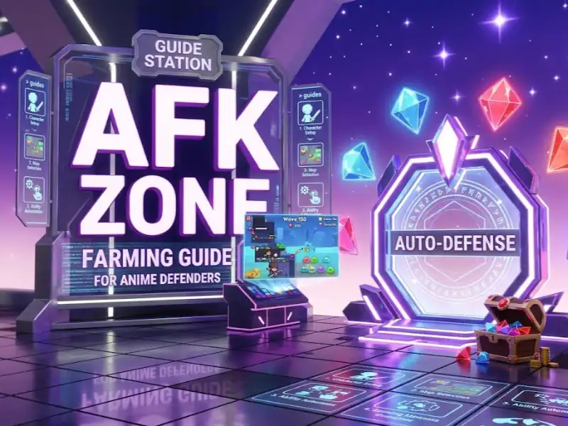 Gaming guide station for AFK zone with auto-defense features and anime-themed elements.