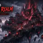 Bossgamerz Blox Fruits Oni Realm island concept with dark, fiery landscape and demonic structures.