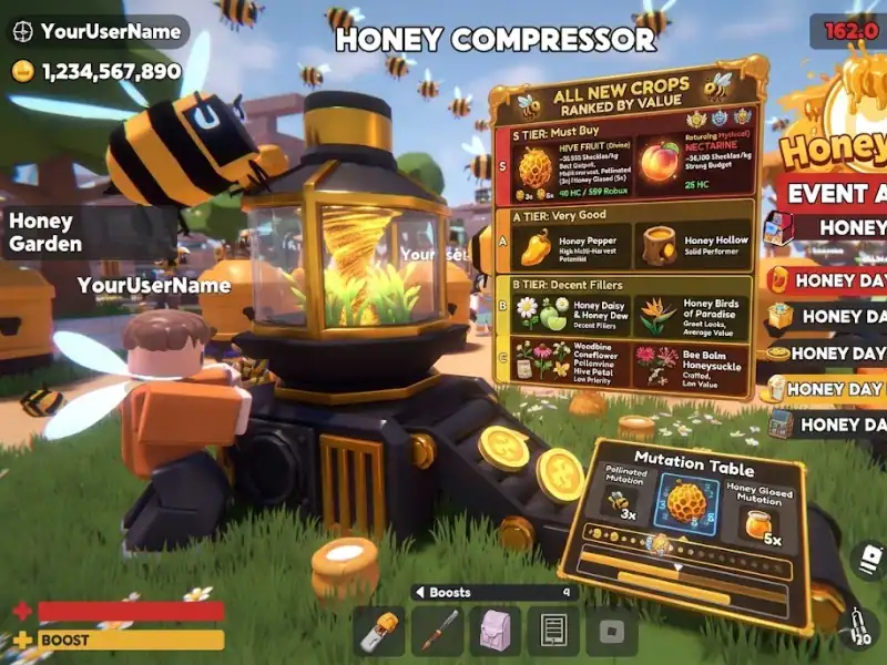 Honey compressor machine in BossGamerz game with crop options and mutation table.