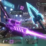High-tech futuristic gaming weapon with neon accents and detailed infographic overlays.