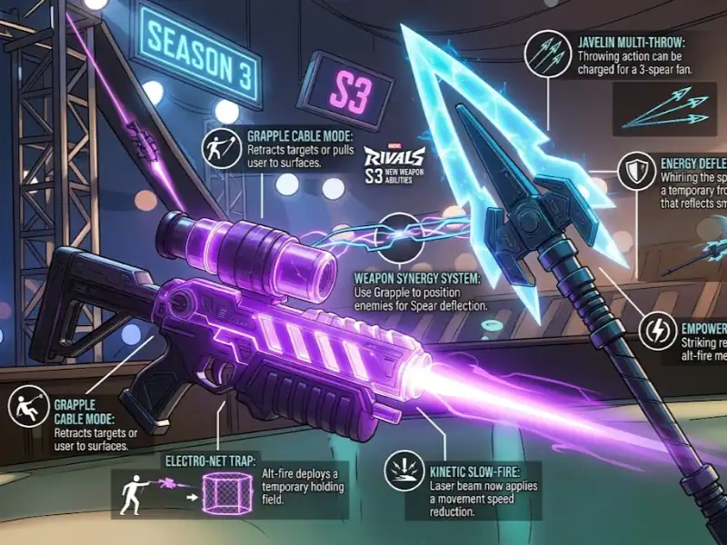 High-tech futuristic gaming weapon with neon accents and detailed infographic overlays.