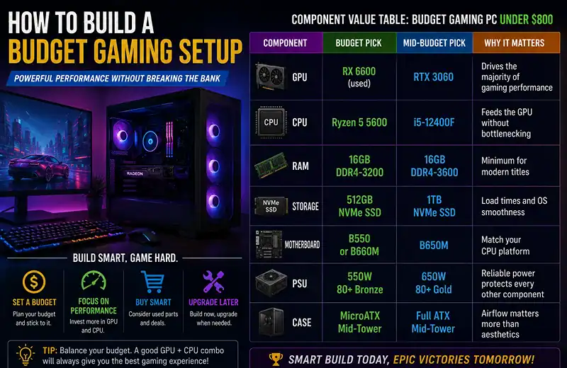 Budget gaming PC setup with RX 6600 GPU and Ryzen 5 5600 CPU under $800.