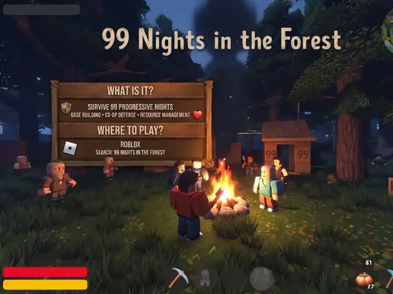 Survive 99 nights in the forest in the game "99 Nights in the Forest" with base building, defense, a.