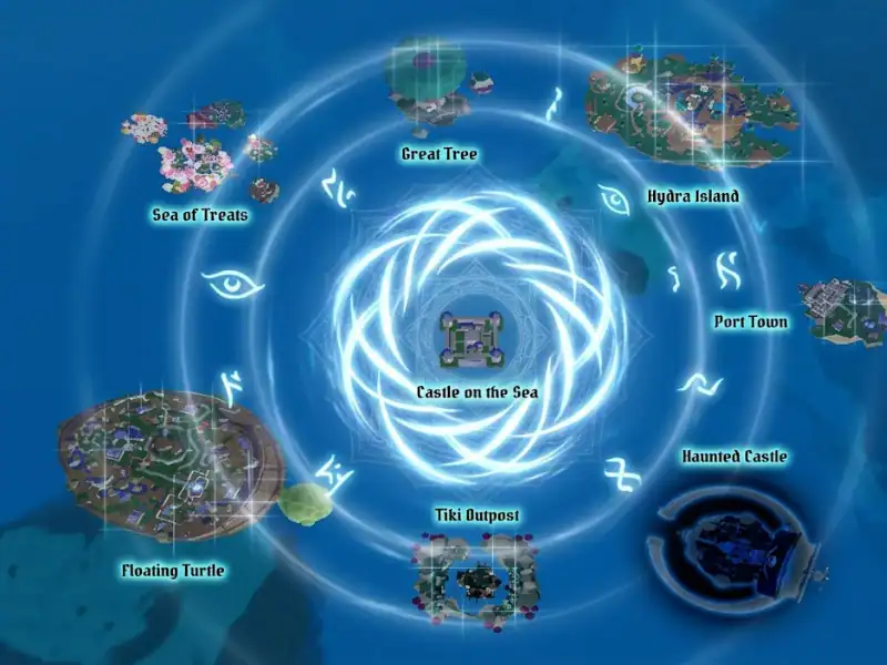 Map of game islands including Sea of Treats, Haunted Castle, and Hydra Island.