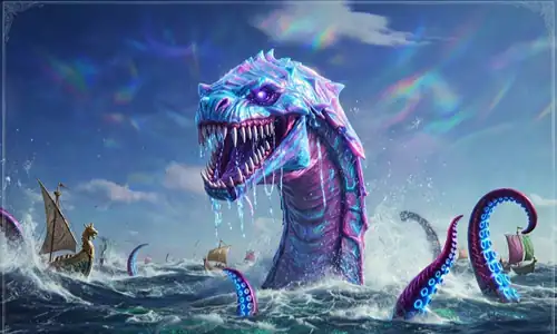 Massive sea monster with glowing blue scales attacking ships in ocean.