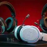 Gaming headsets with colorful LED lights on a red background.