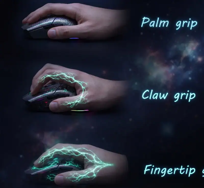 Comparison of palm, claw, and fingertip grips on a gaming mouse with electric effects.