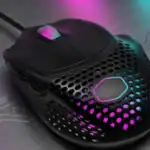 RGB gaming mouse with perforated design and customizable lighting effects.