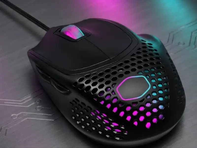 RGB gaming mouse with perforated design and customizable lighting effects.