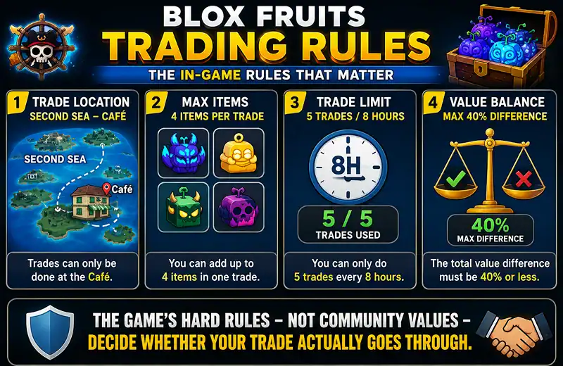 Infographic of Blox Fruits trade rules with the Café marked on a map of the Second Sea