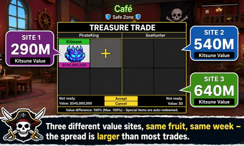 Blox Fruits trading values comparison across three sites in the game.