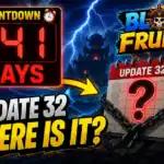 Countdown timer for Blox Fruits Update 32 with question mark and stormy background.