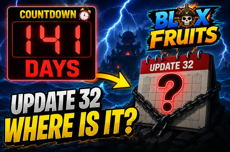 Countdown timer for Blox Fruits Update 32 with question mark and stormy background.
